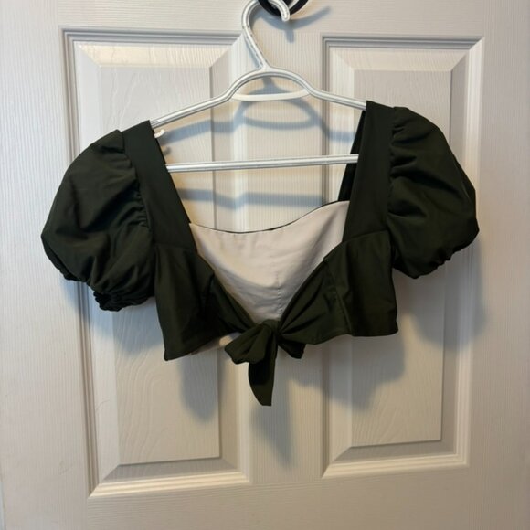 Green Puffy Sleeve Cute Bathing Suit Top - Picture 2 of 3